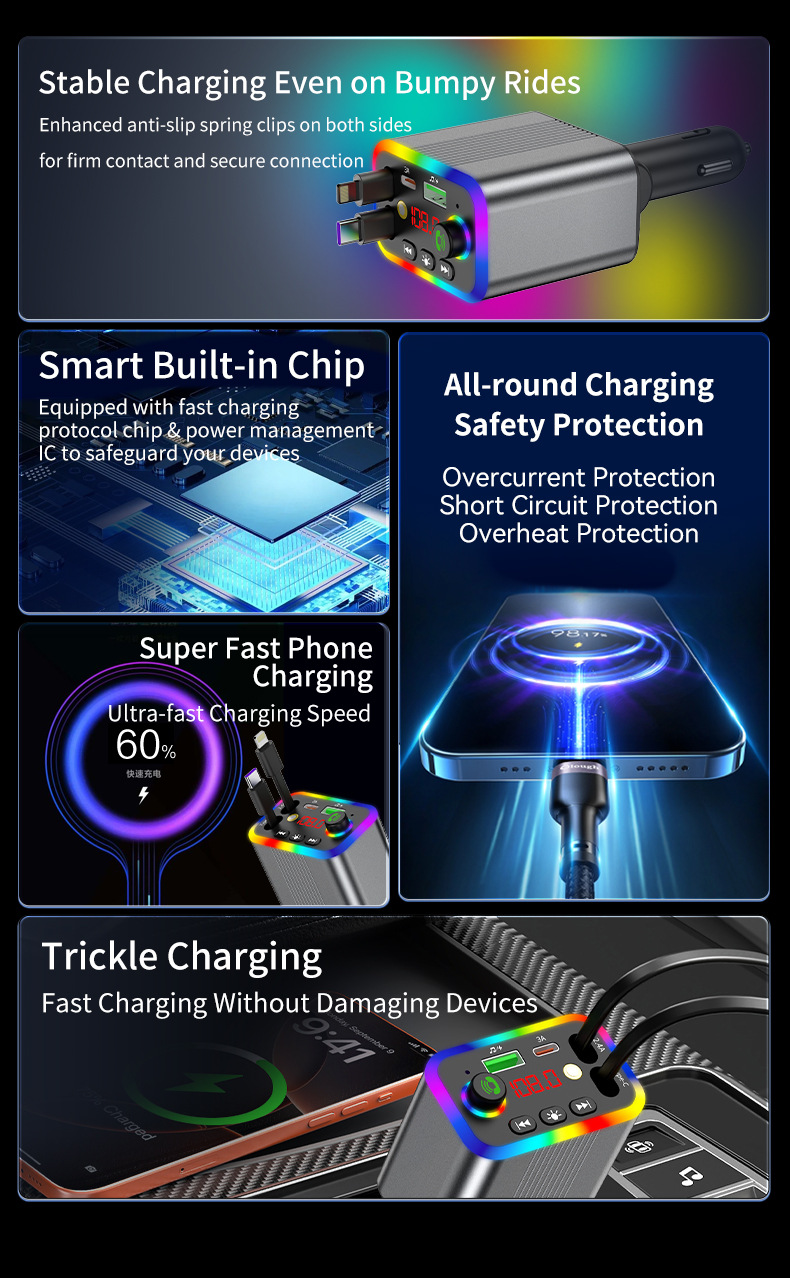 R4R6 Car Bluetooth MP3 Player comes with a retractable cable and supports fast charging for mobile phones, 2026 new model, foreign trade supply