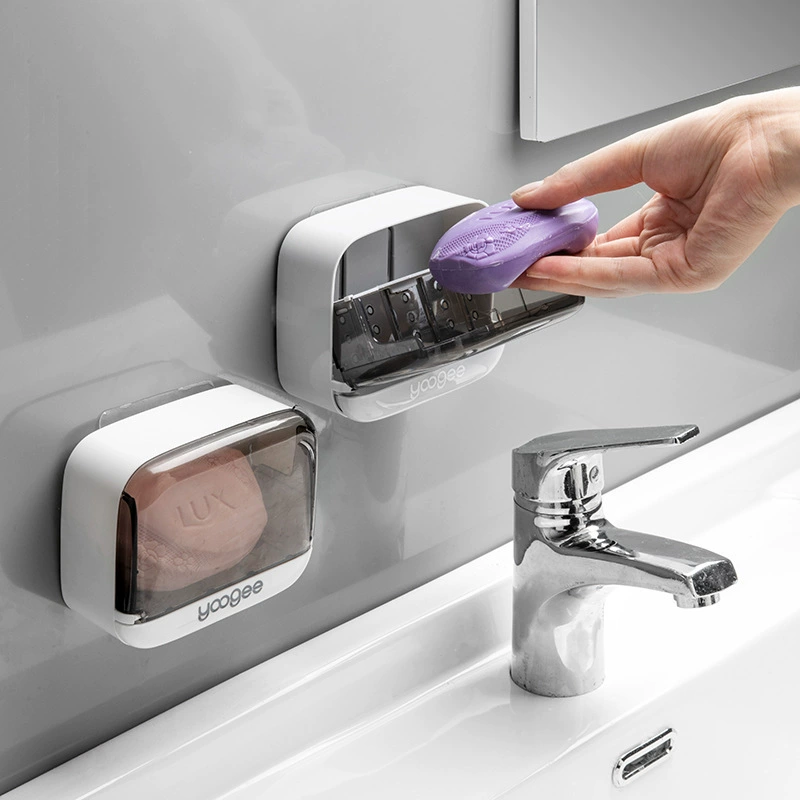 Wall-Mounted Soap Box (yoogee YC378) — Dustproof suction-cup soap rack, single or double grid