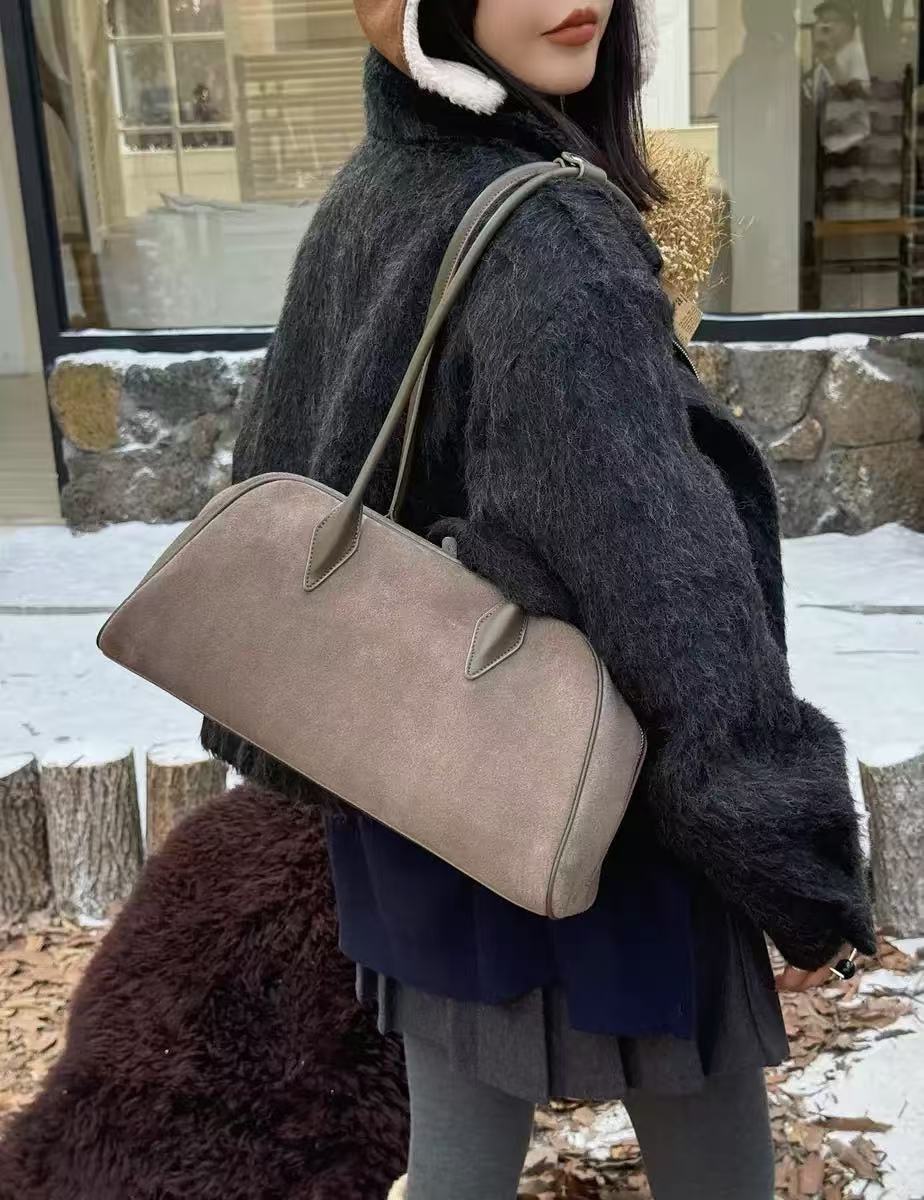 Korea HF Tote Bag Niche French Vintage Matte Cowhide Women's Commuter Bag Large Capacity Shoulder Bowling Bag - Thumbnail 3