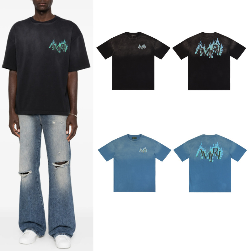26 High-Quality Cross-Border Fashion Brand Short-Sleeve Amiri T-Shirt with Printed Wash Effect, American-Style Heavyweight Pure Cotton for Men and Women