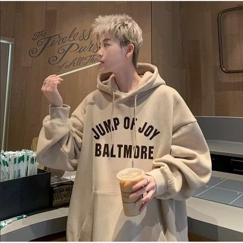 Men's Loose Fit V-Neck Hooded Sweatshirt with Ins Letter Print, Fashionable Streetwear Outerwear for Spring and Autumn, 2024 New Arrival