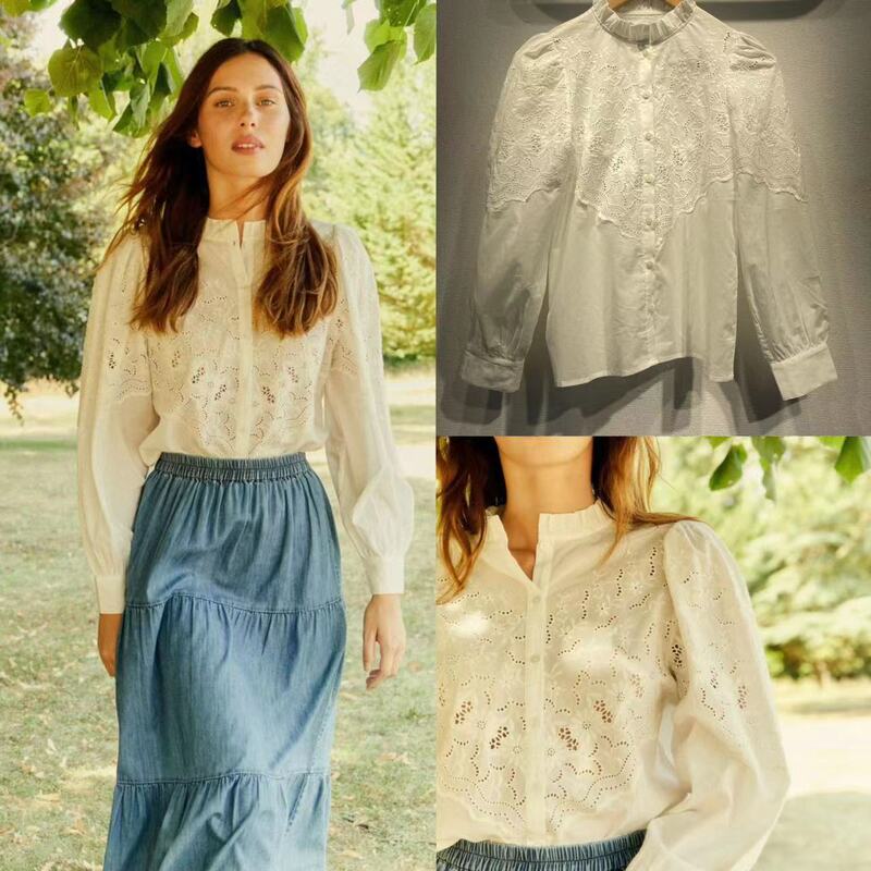 French Literary Shirt 2024 New Style Cut Out Daisy Embroidered Cotton Lace Collar Puff Sleeve Shirt for Women 31514