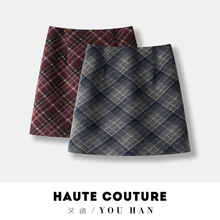 安可拉红2014新款毛呢格纹短裙女半身裙开叉百搭秋冬季复古格子裙