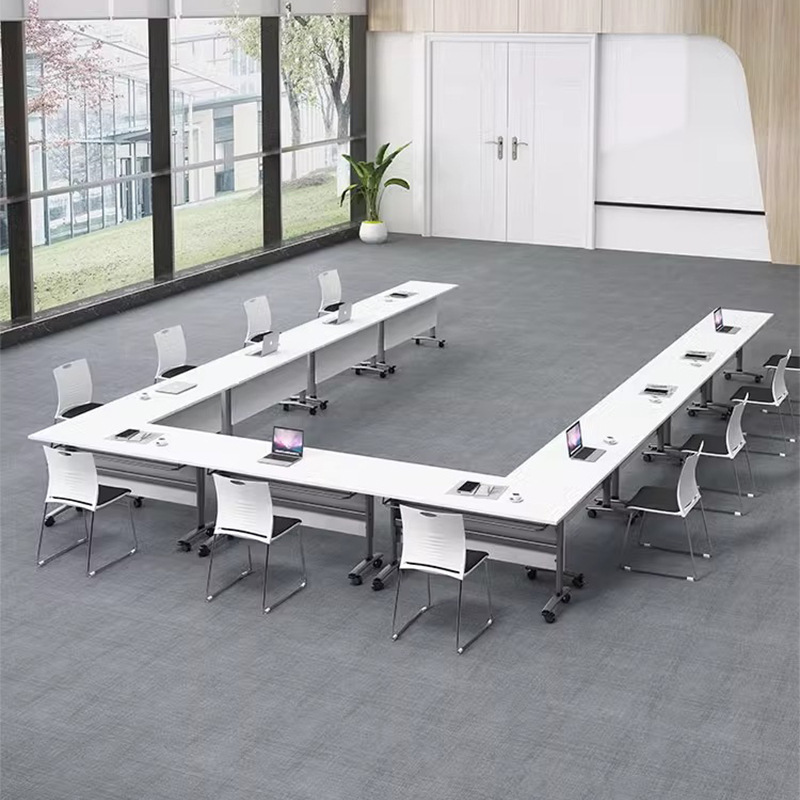 Mesa de capacitación de conferencias plegable y silla combinada con mesa larga de empalme móvil, mesa de clase doble y silla, mesa de capacitación de personal de oficina