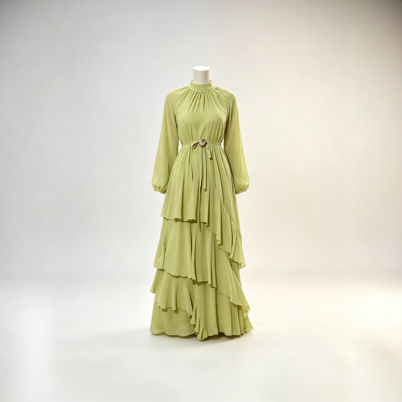 Stand-up collar, lantern sleeves, chiffon dress, women's fitted waist, tie-up detail, ruffled hem, tiered long dress, French-style evening gown Stand-up collar, lantern sleeves, chiffon dress, women's fitted waist, tie-up detail, ruffled hem, tiered long dress, French-style evening gown