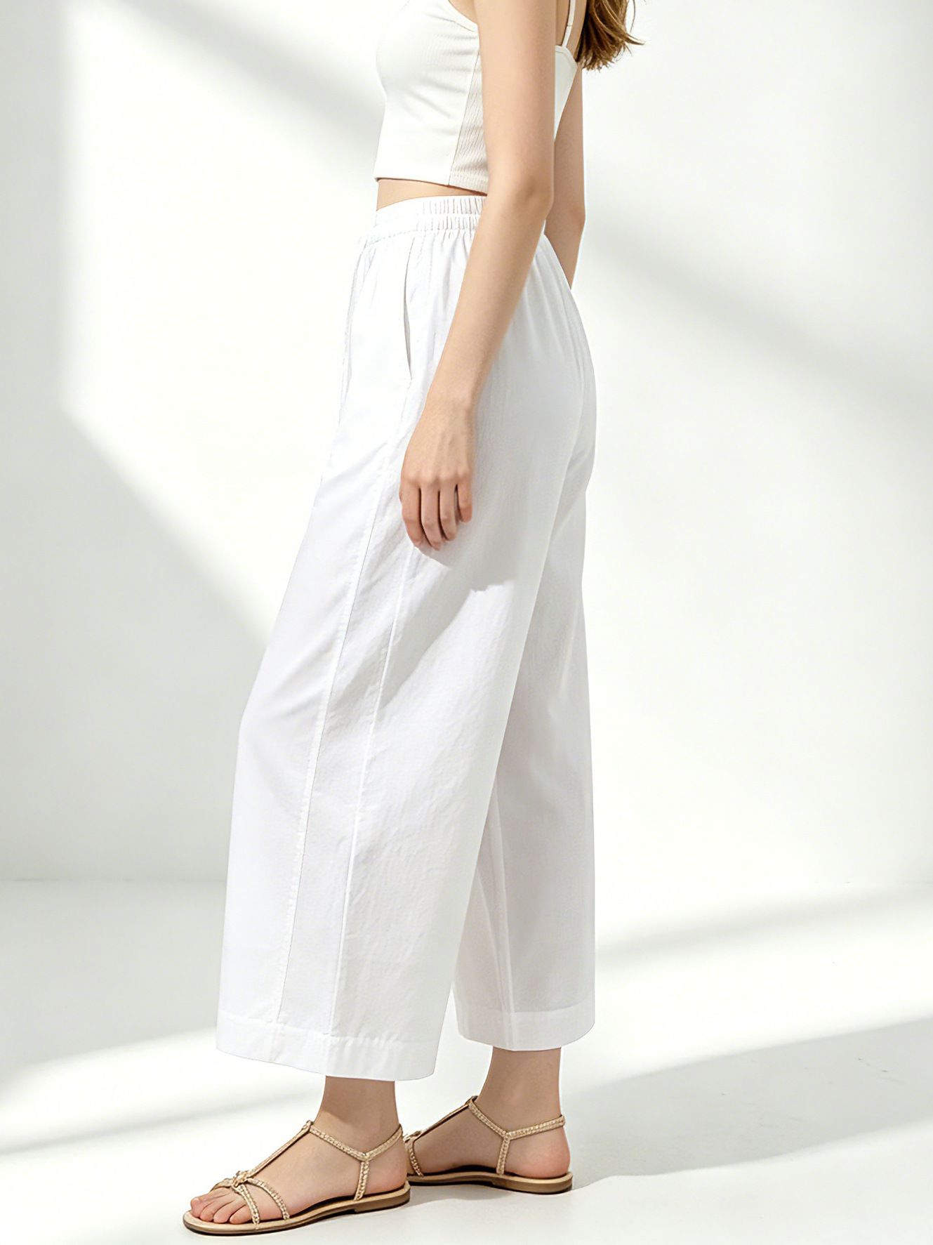 Quần culottes nữ ống rộng cạp thun dây rút, dáng suông rộng, dài 9 phần, chất cotton mềm mại — Ben trắng