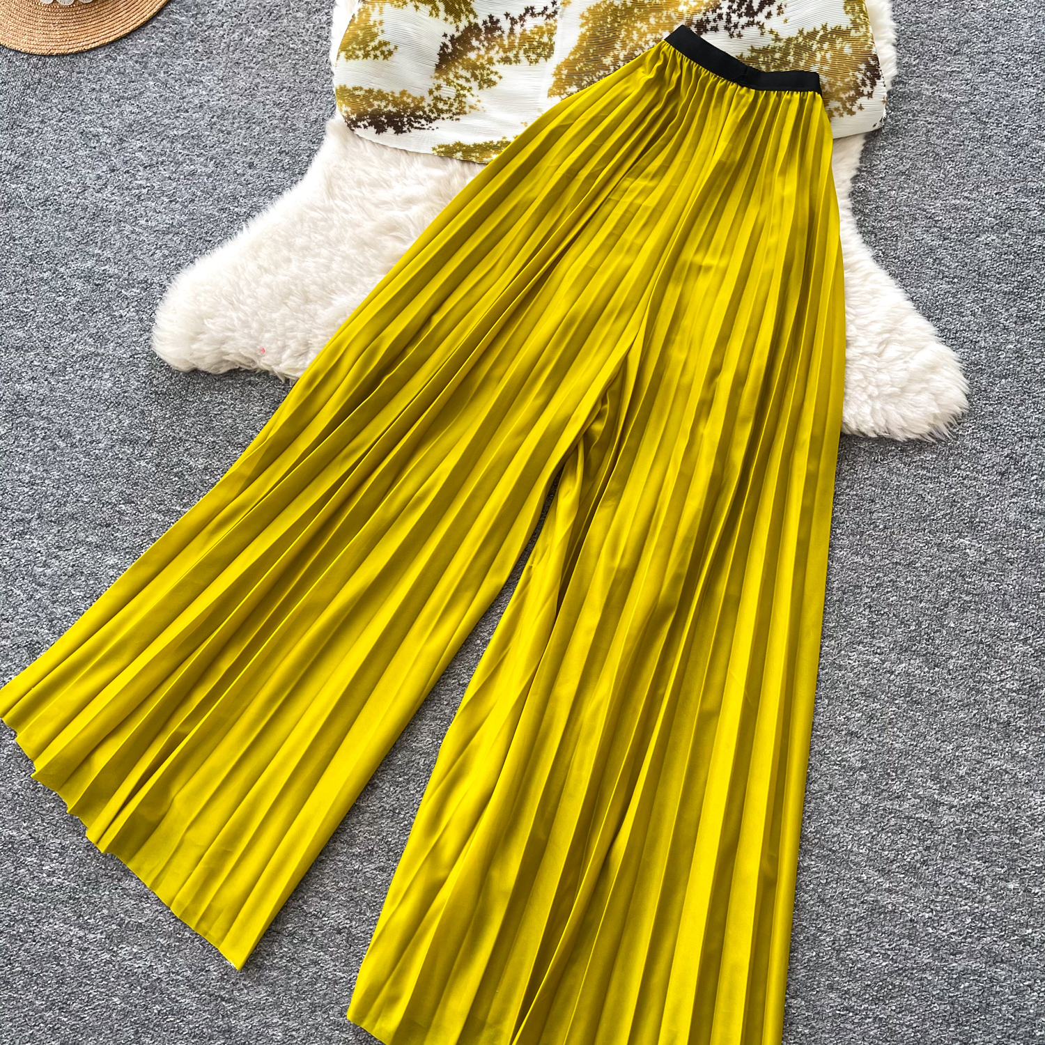 Women's Clothing Two Piece Set Three Quarter Sleeve Top And High Waisted Pleated Wide Leg Casual Pants Slimming Effect For Autumn_ecoleips.com