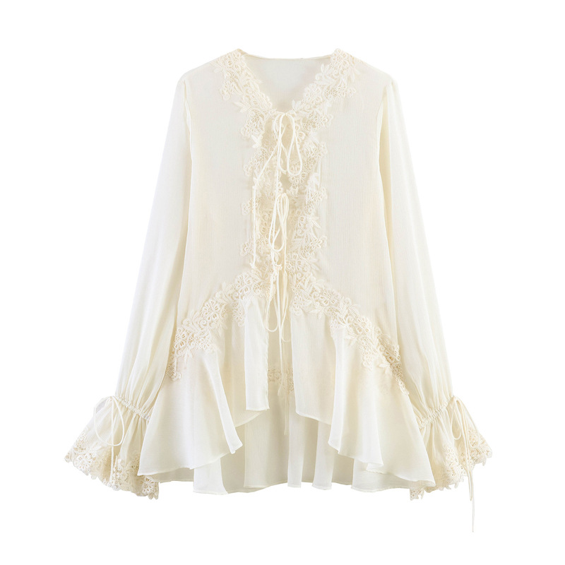 Summer New Lace-Trimmed Chiffon Shirt for Women, French-Style V-Neck Tie-Waist Long-Sleeve Irregular Shirt, Wholesale