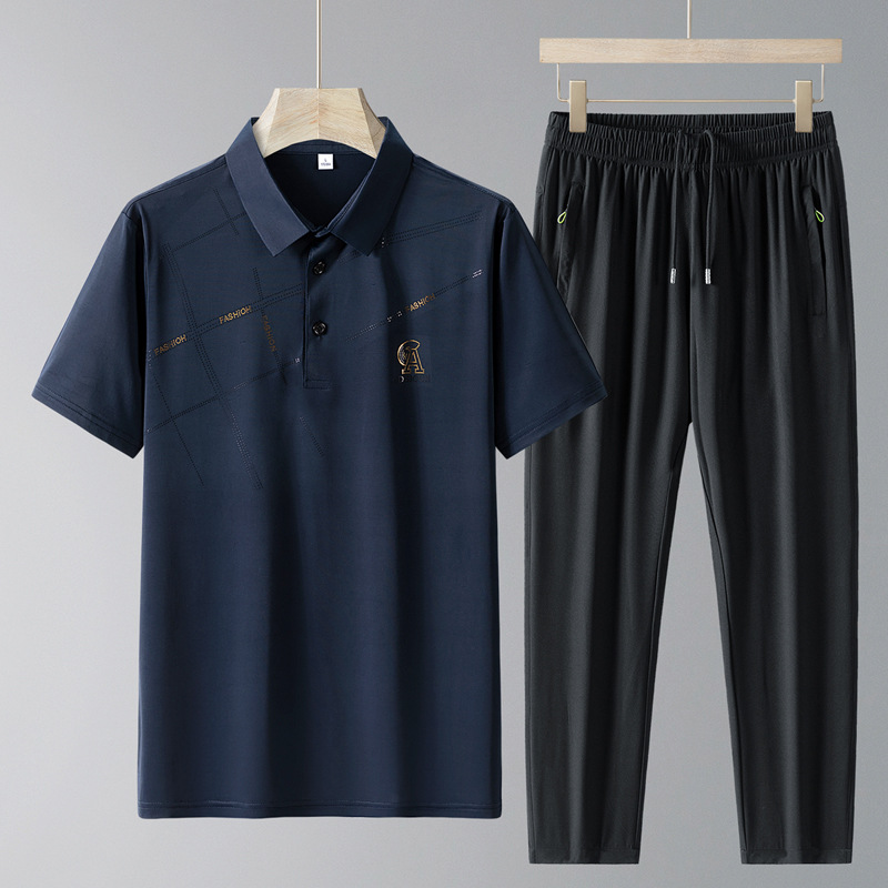 Traje casual de seda de hielo de verano para papá Camisa POLO de manga corta delgada de verano para hombres Traje de dos piezas de deportes de secado rápido para personas mayores y de mediana edad