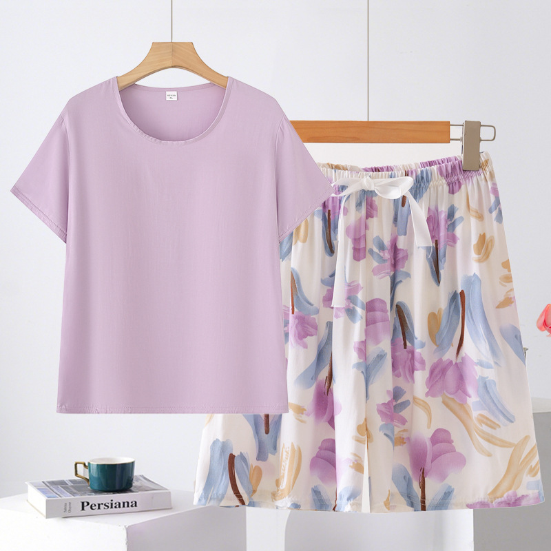 High-Quality Cotton Silk Pajamas for Young People, Fashionable High-End Sets, Solid Color Short-Sleeved Floral Shorts, Home Wear, Artificial Cotton High-Quality Cotton Silk Pajamas for Young People, Fashionable High-End Sets, Solid Color Short-Sleeved Floral Shorts, Home Wear, Artificial Cotton