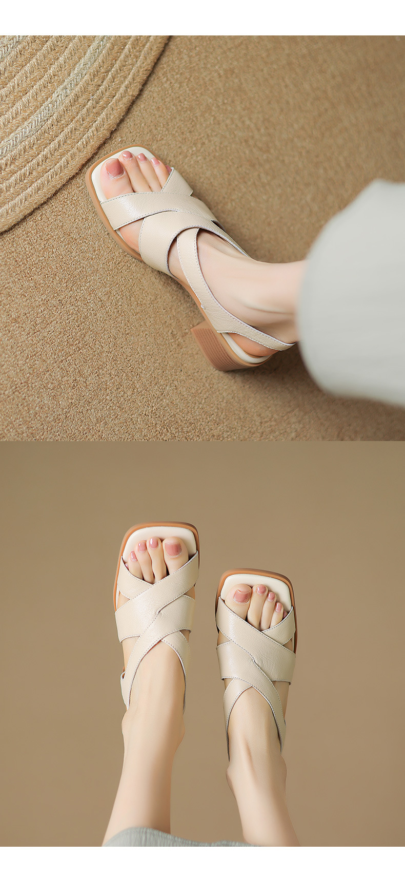 Sandal La Mã da cừu đan sọc rộng gót thô hở ngón — Màu camel chi tiết 16