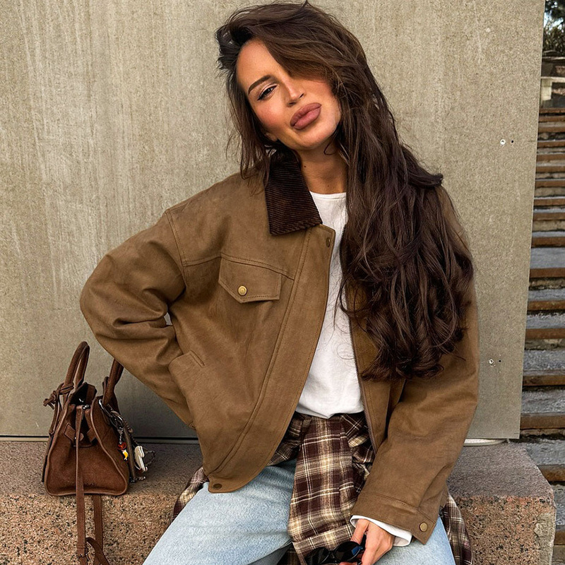 Barn Style Corduroy Splicing Suede Jacket Autumn and Winter American Retro Slim Fit Suede Women's Jacket 2025