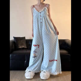 韩系少女波点蕾丝边冰丝连体睡衣女夏季吊带连身长裤家居服可外穿