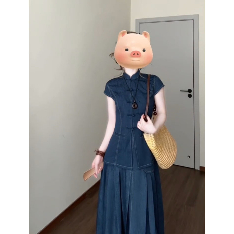 新中式复古牛仔套装女夏减龄立领盘扣上衣百褶宽松半身裙|undefined