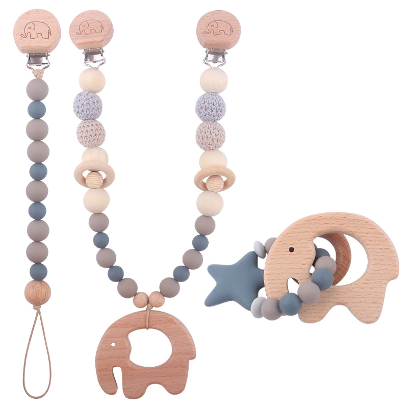 Nuevo bebé suministros de dibujos animados animal patrón Haya clip calmante bebé chupete cadena coche colgando mordedor conjunto de tres piezas