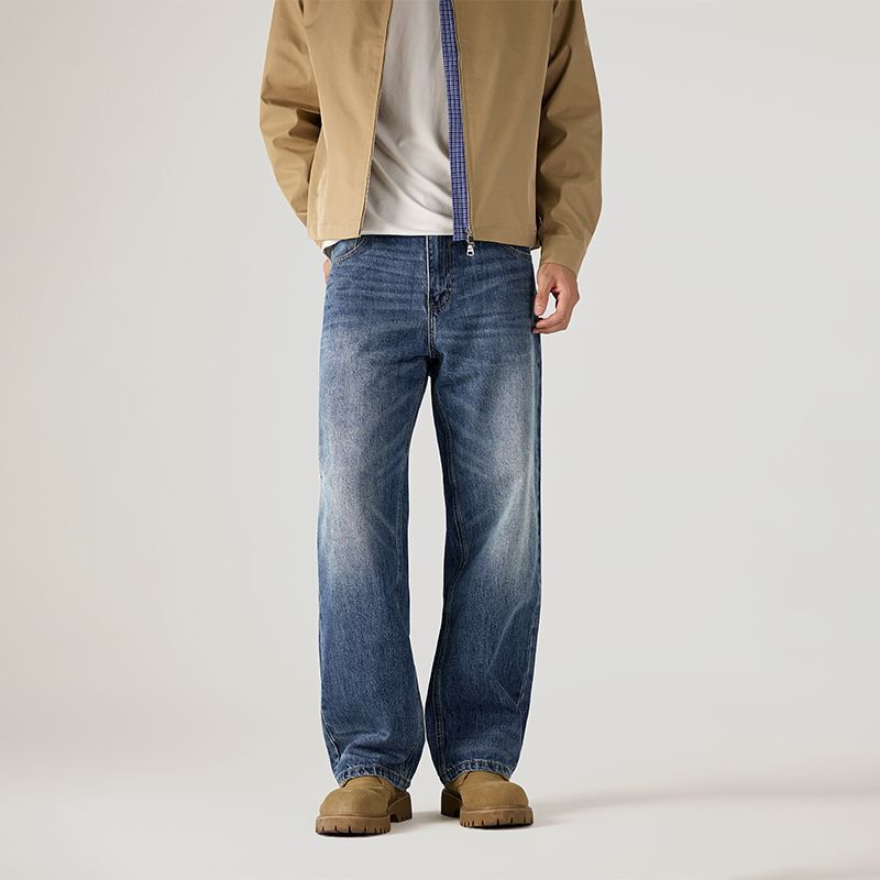 Men's High-End Jeans, 100% Pure Cotton, Non-Stretch, Fashionable, Washed, Vintage, Loose Straight-Leg, High Street, Cool Wide-Leg Pants
