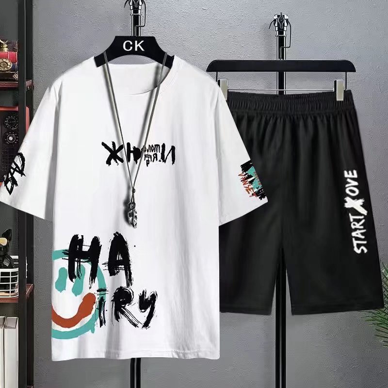 Deportes de los hombres traje casual verano hielo seda fina moda marca moda verano manga corta pantalones cortos traje ropa de hombre