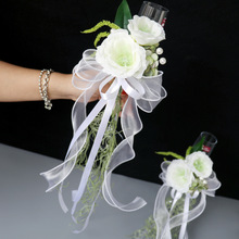 跨境森系婚礼白绿色新郎新娘结婚敬酒杯装饰花仿真花宴会酒杯花束