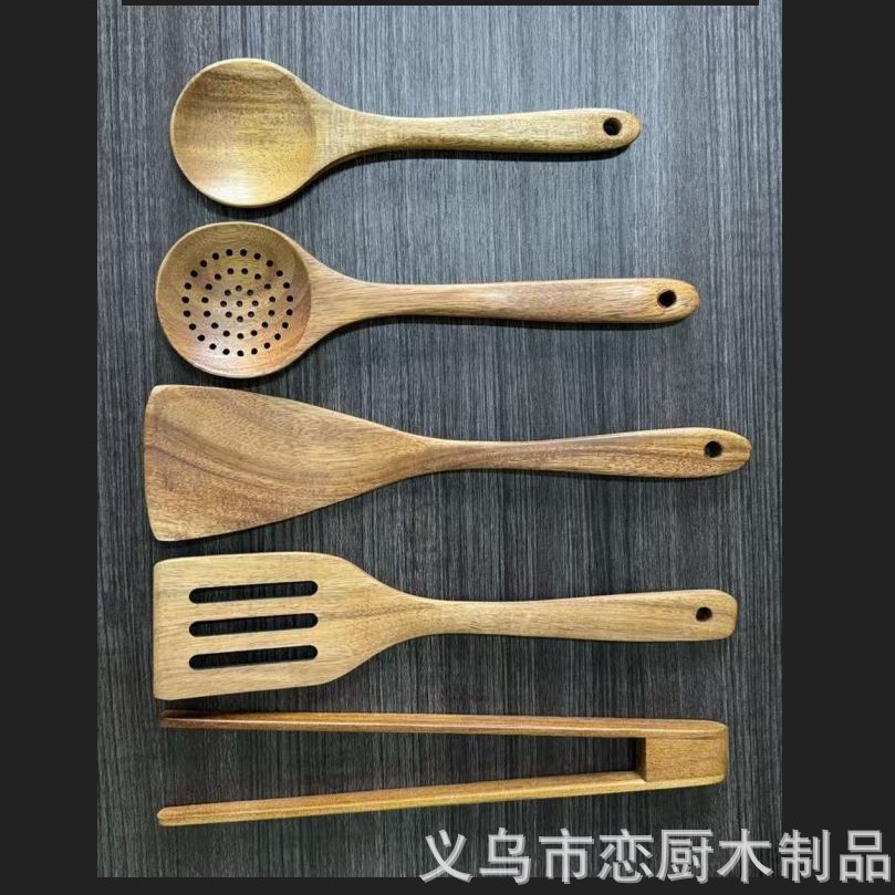 Teca antiadherente olla de mango largo de madera sólida cocina de cocina de madera acacia cocina de varias piezas de cocina de madera pala larga olla de mango largo