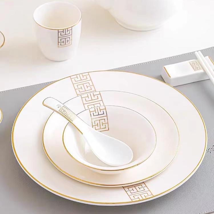 中式金边陶瓷骨碟摆台五星级会所饭店餐厅盘碗碟翅勺套装高档酒店