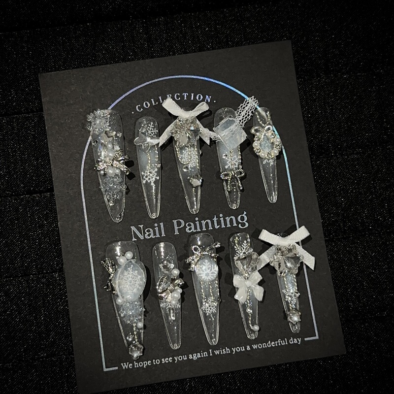 Purely Handmade Wearable Nails, High-End White Heavy-Duty Long Manicure Nails Full of Diamonds and Sparkling Fake Nail Patches Wholesale
