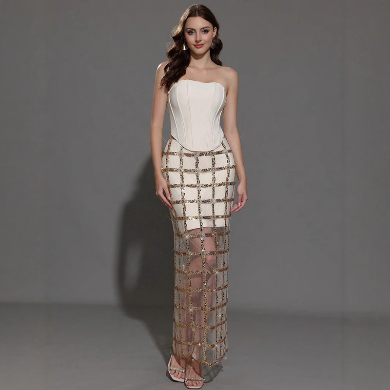 European and American Strapless Mesh Bandage Splicing Sexy Tight Long Dress Ladies Party Wedding Bridesmaid Dress European and American Strapless Mesh Bandage Splicing Sexy Tight Long Dress Ladies Party Wedding Bridesmaid Dress