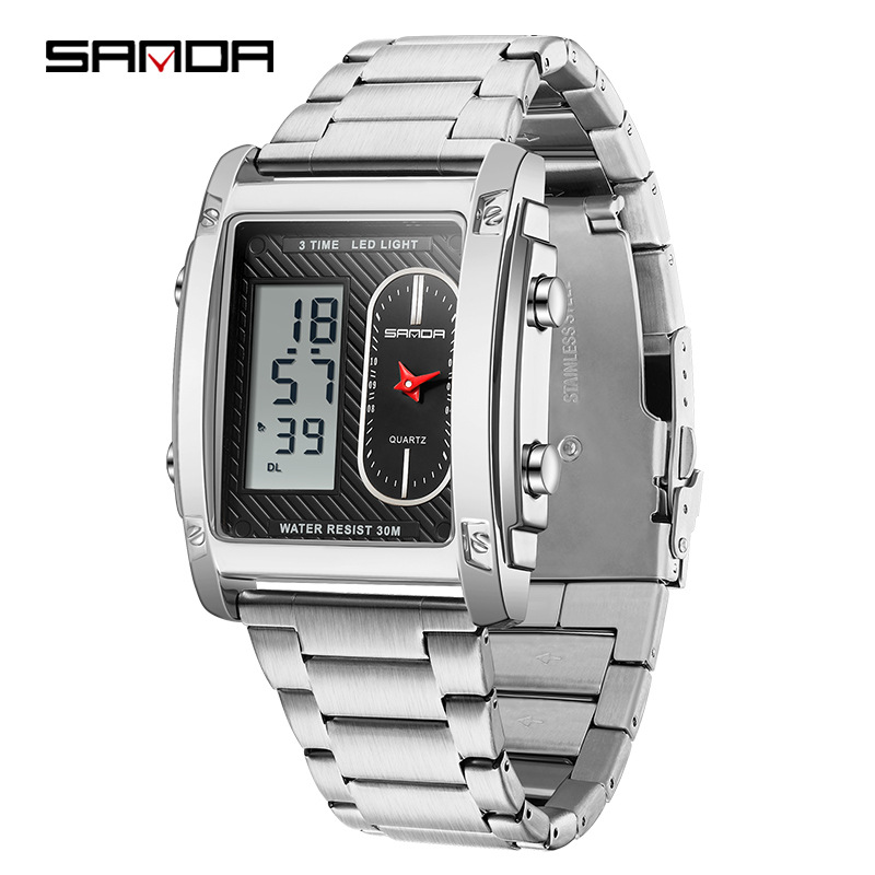 Sanda reloj electrónico de moda para hombres creativo reloj electrónico de doble movimiento multifuncional reloj de cuarzo eléctrico impermeable