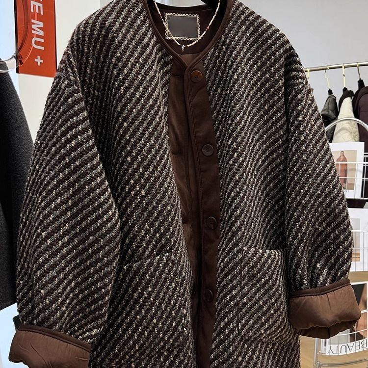 Korean Round Neck Tweed Outwear for Women Autumn and Winter 2025 New Loose Slimming Look Lazy Casual Cardigan Elegant Jacket