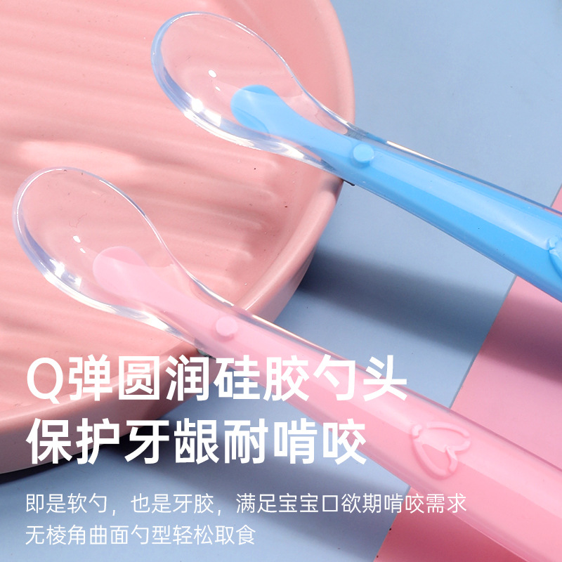 Inglés tarjeta bebé cuchara de silicona cabeza suave cuchara de sopa bebé cuchara de entrenamiento niños vajilla cuchara de silicona de dibujos animados