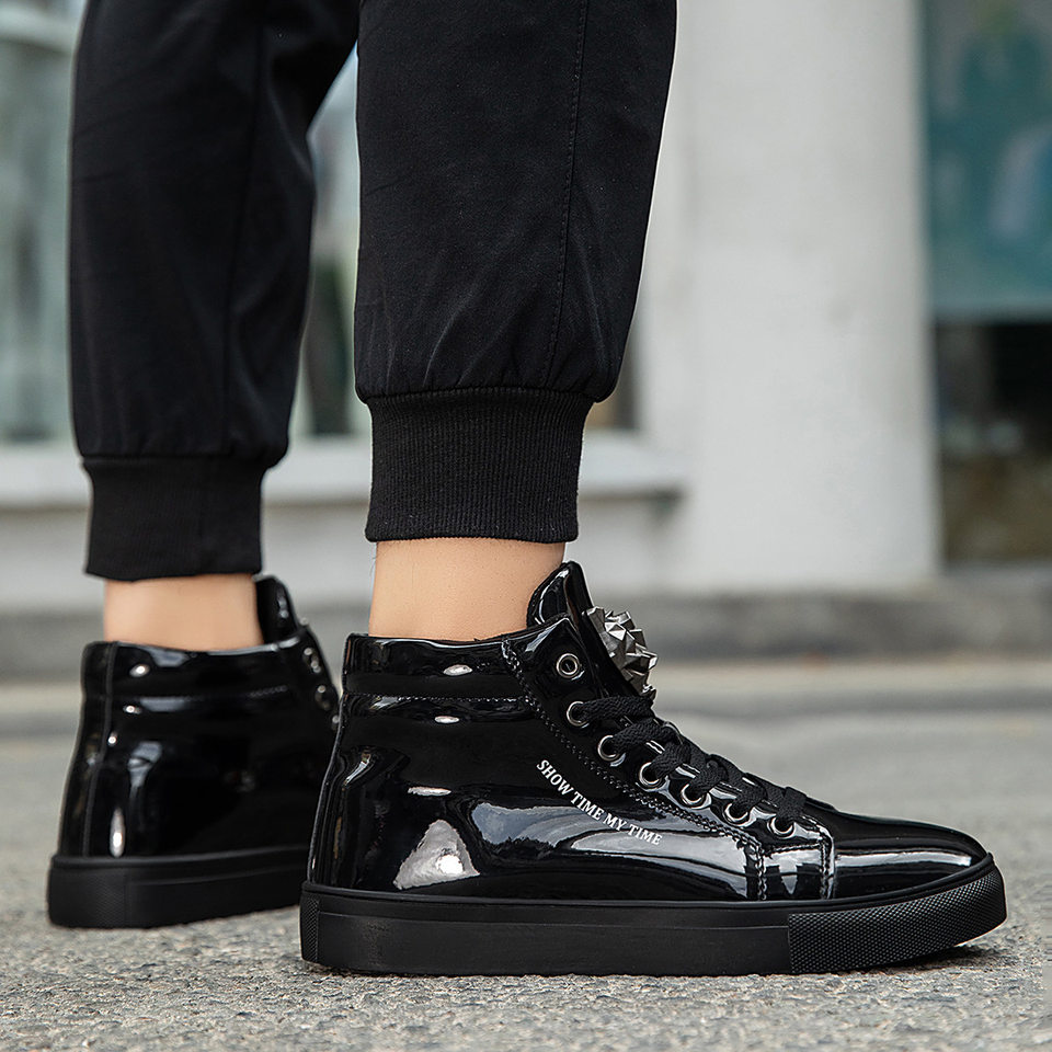 Giày sneaker nam cổ cao da bóng phong cách Hàn Quốc, giày thể thao thời trang cá tính — Bạc, màu xanh, màu đen, màu đỏ chi tiết 11