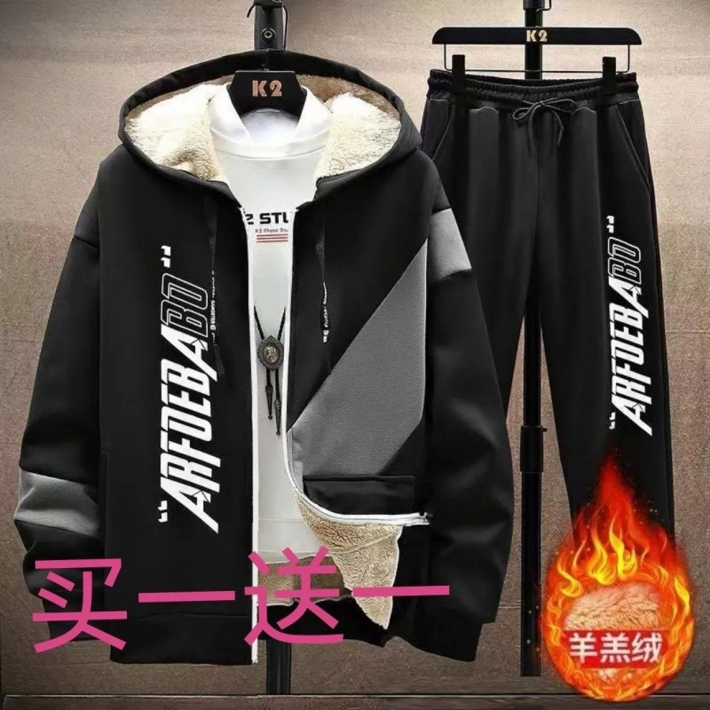 冬季新款加绒连帽开衫卫衣外套男青少年男生休闲潮流运动保暖套装