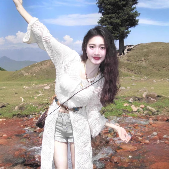 Summer 2025 New Travel Vacation Xinjiang Travel Knitted Cardigan Sunscreen Long Top Blouse Women's Clothing