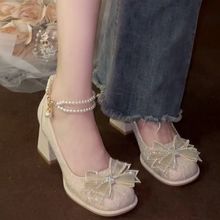 法式蝴蝶结玛丽高跟鞋2024新款外穿伴娘新款马面公主婚鞋新娘单鞋