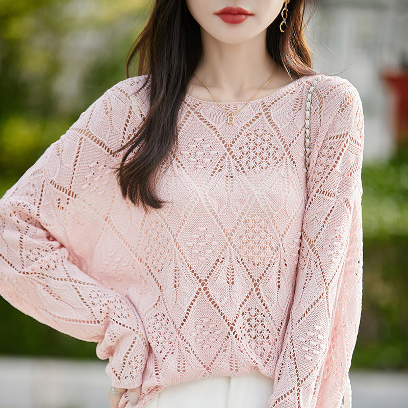 New Stylish Versatile Long-Sleeve Sweater, Fashionable Age-Reducing Linen Top, Oversized Round Neck, Lazy Hollow Knit Sweater