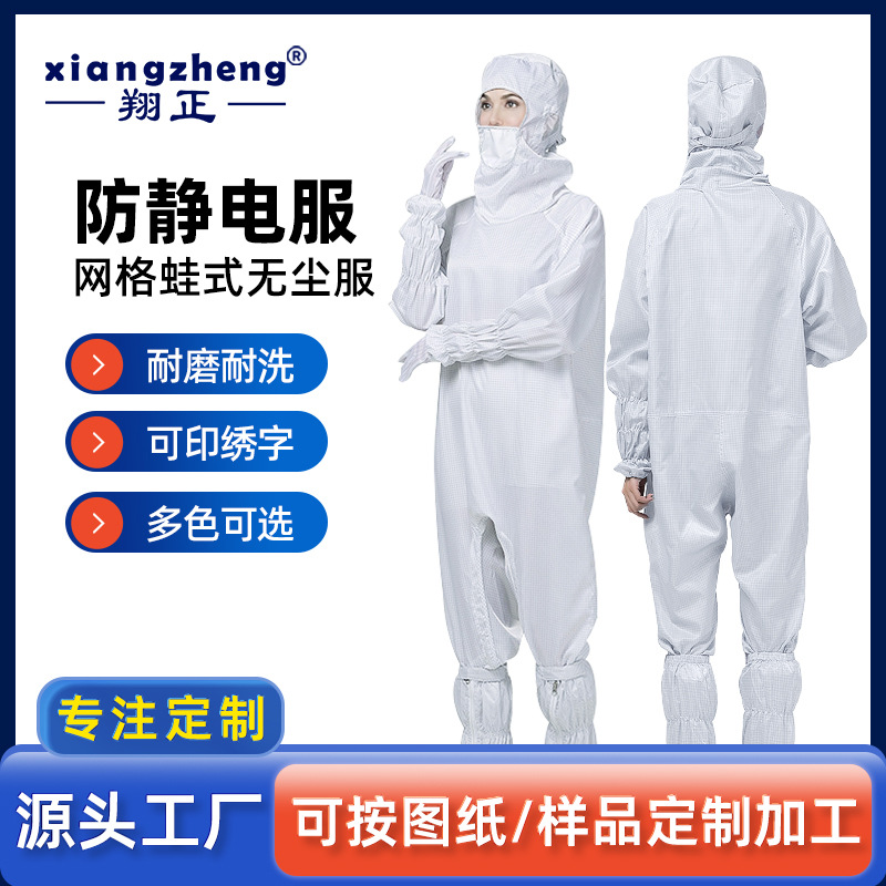 十级防静电服蛙式无尘服带口罩净化室0.25网格胯下拉链连帽连体服