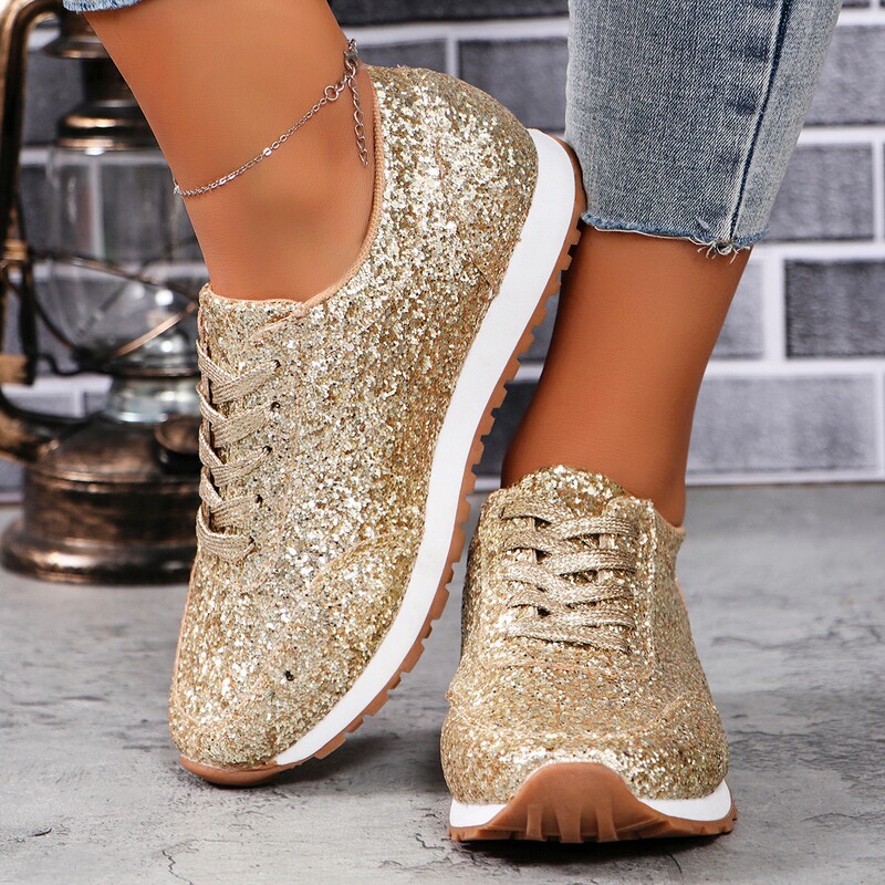European and American Export Large Size 2024 Spring & Fall Casual Shoes for Women Glitter Front Lace-Up Flats Sports Casual Shoes for Women