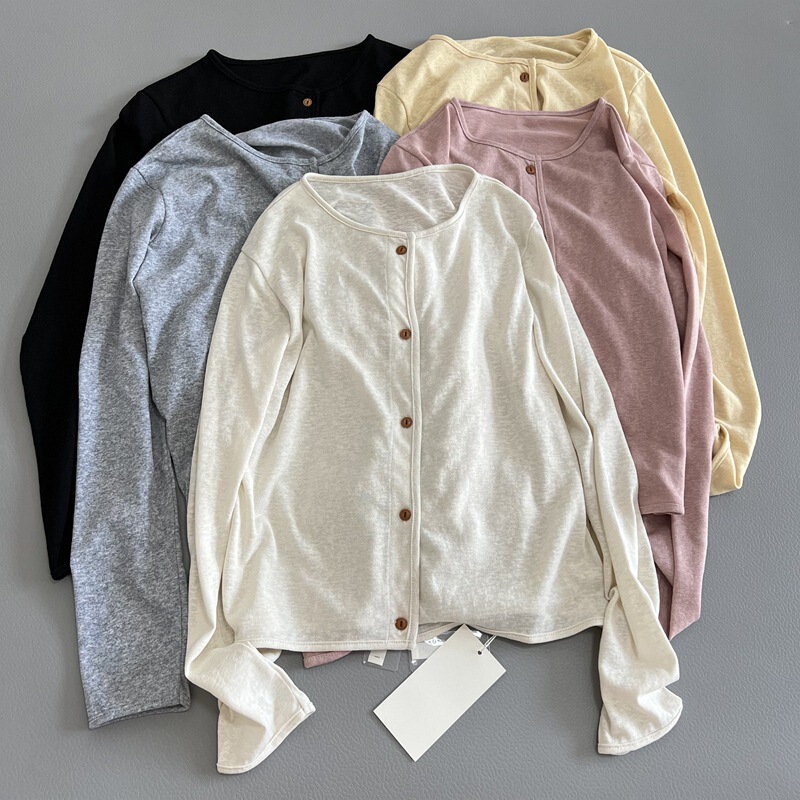 Try it on Great-looking Cotton and Linen Button Long Sleeve Cardigan Round Neck Top T-shirt Casual Women's Loose Spring and Summer