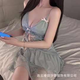 甜汐梦 纯欲风蕾丝透视睡裙深V镂空网纱可爱睡衣性感睡裙情趣内衣