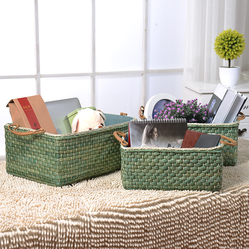 Caja de almacenamiento de piel de maíz tela de caña caja de almacenamiento de mesa de té caja de almacenamiento de escritorio sala de estar cesta de artículos domésticos
