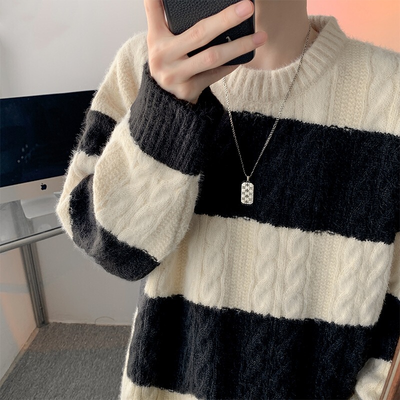 Striped Lazy Style Knitwear for Men and Women, Autumn and Winter Warm Twist Bottoming Knitwear, Large Size Loose Round Neck Jacket