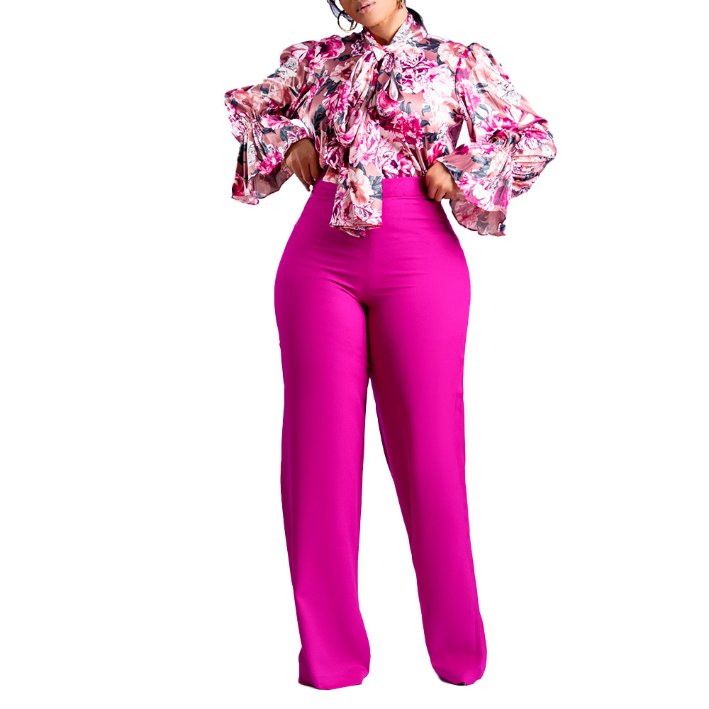 loose large size casual printed long-sleeved shirts wide-leg pants cross-border two-piece set_voghion.com