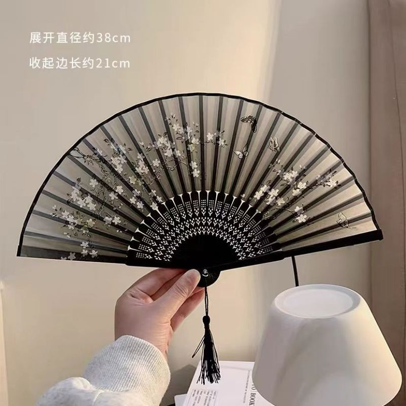 新型扇子古風絹織物扇風機中国風水墨蘭ハスの花梅の折り畳み扇新中国式折扇写真|undefined