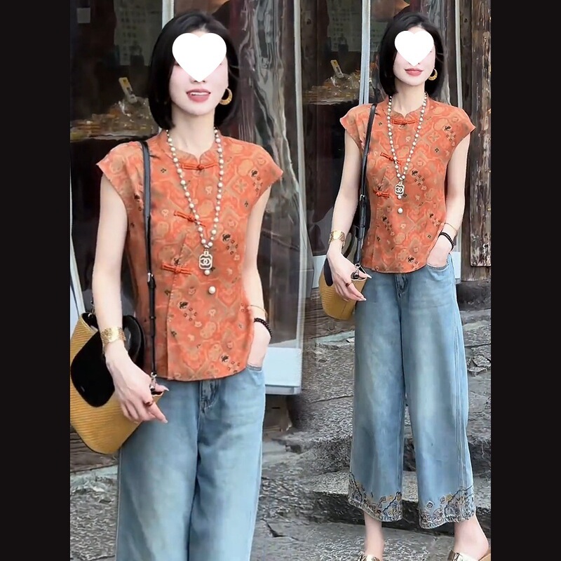 New Chinese Style Fashion Suit for Women, Summer New Style, Slimming Button-Down Shirt, Jeans, Wide-Leg Pants, Two-Piece Trendy Set