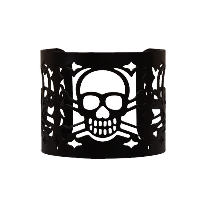 Bracelet en métal personnalisé avec tête de mort, bracelet large à manchette noire rétro punk pour Halloween_voghion.com