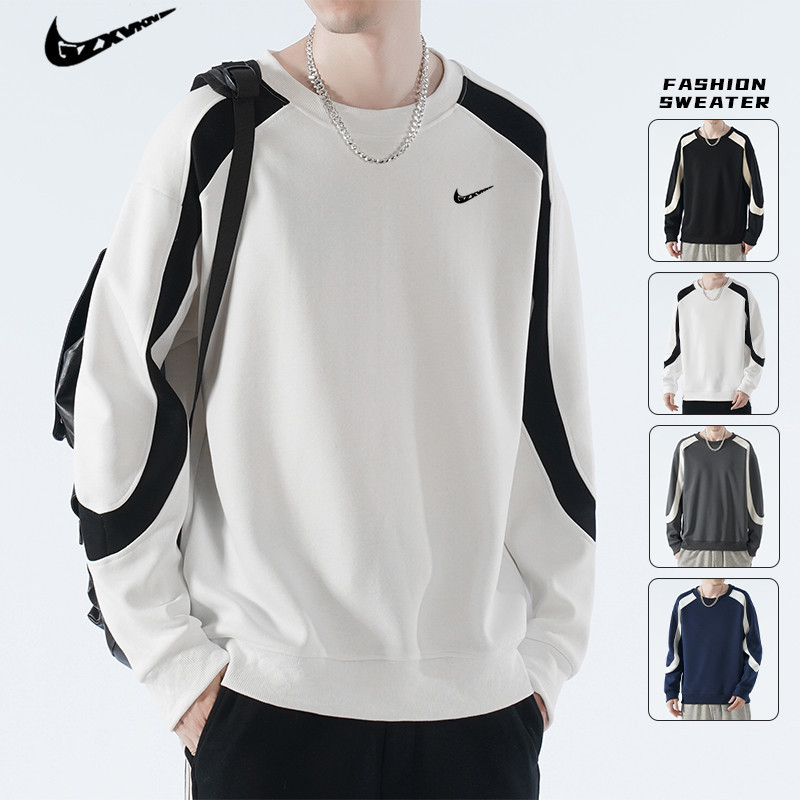 Autumn Loose Japanese Style Sweatshirt Men's Round Neck Knitted Cotton Long Sleeve T-Shirt Patchwork Casual Pullover Tops Men