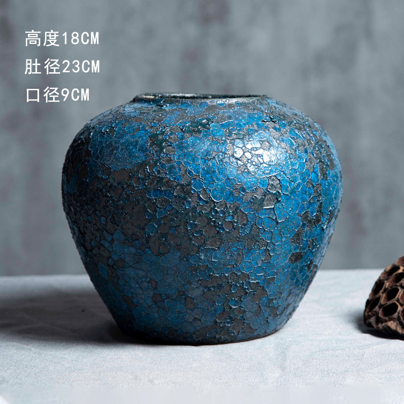 景徳鎮の陶磁器の花瓶の置物の客間の生け花の新しい中国式の玄関の装飾品の花器の復古の太い陶缶の植木鉢|undefined