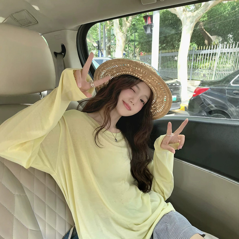 Qiu Ming Sail Tencel Cotton Thin Long Sleeve Sun Protection T-Shirt Loose Slimming Round Neck Top for Women Summer G1913