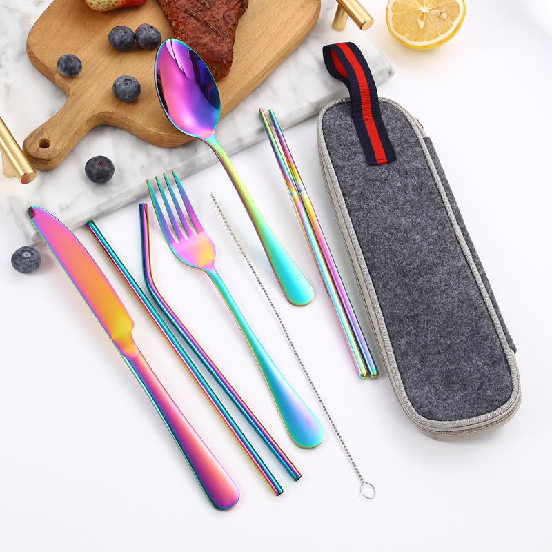 Amazon producto caliente de acero inoxidable vajilla paja traje 1010 cuchillo de comida occidental, tenedor y cuchara de paja portátil de 7 piezas conjunto