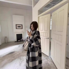 2024秋冬新韓国東大門ラクダ毛格子ロングコート毛マフラーコート女性XG-1093