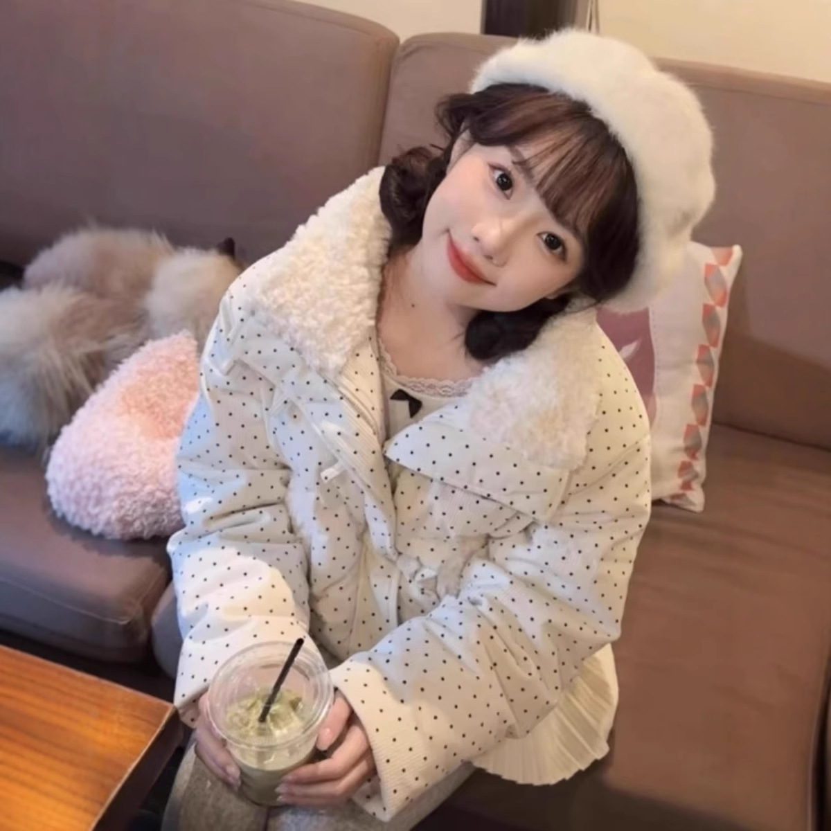 韩系甜美风波点毛领棉服外套女秋冬季宽松加厚保暖短款面包服